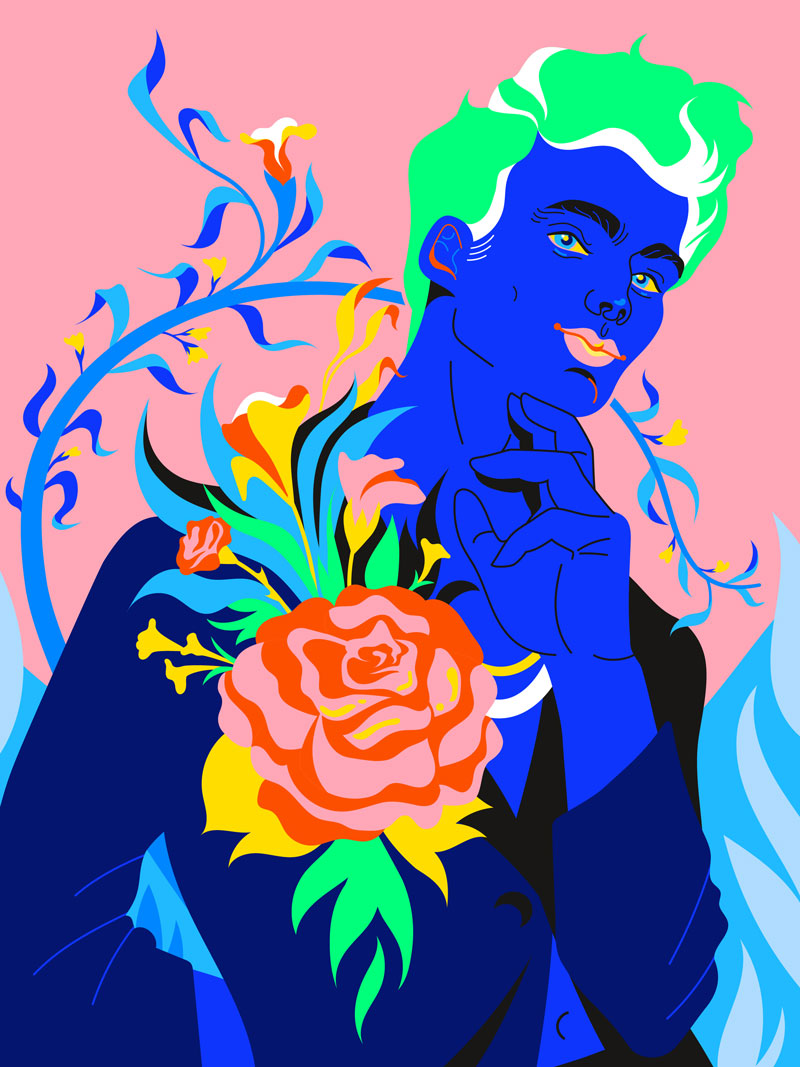 Vector portrait of a beautiful young man with big flower in the lapel
